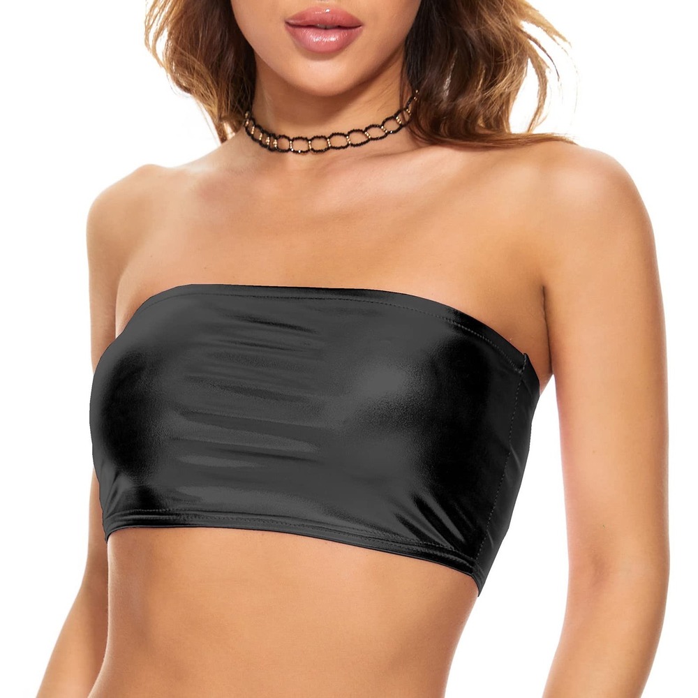 NWT Women's Black Metallic Bandeau Crop Top Strapless Shiny Clubwear Medium